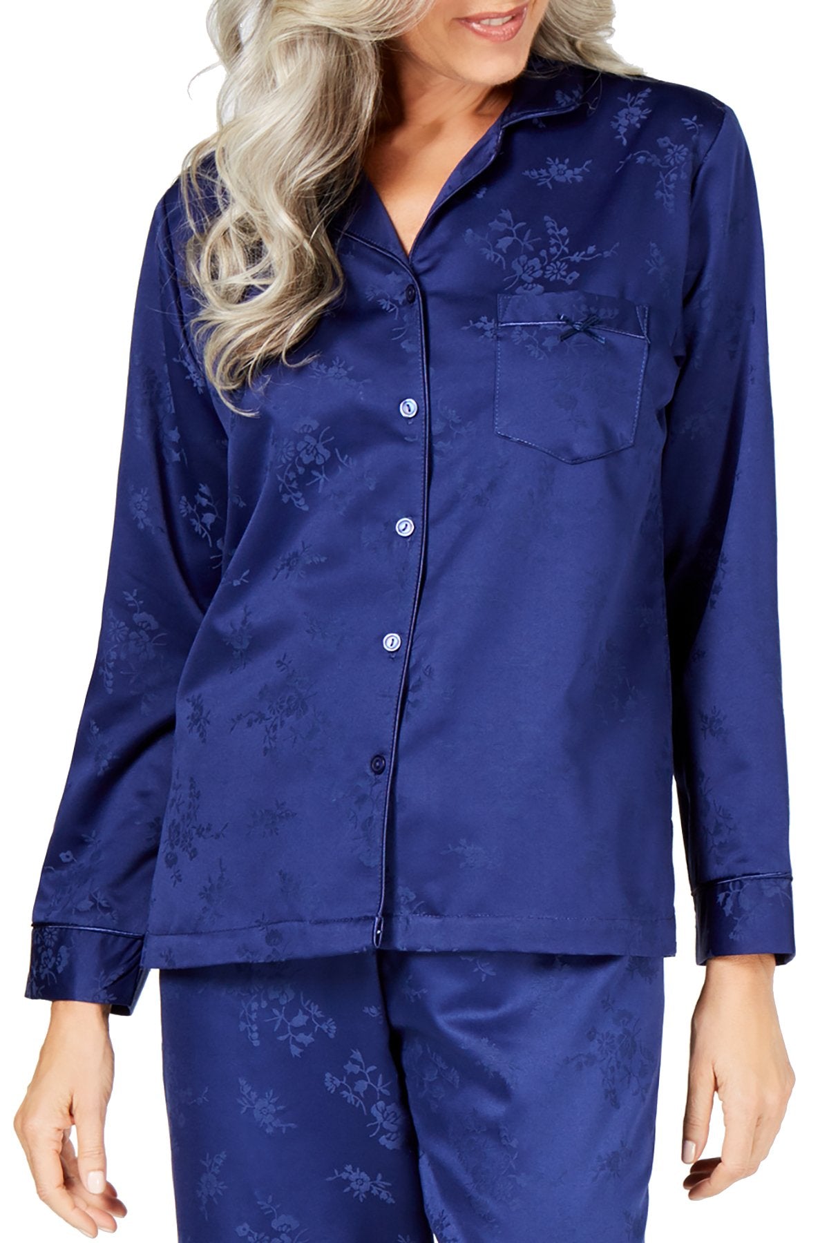 Miss Elaine Navy Brushed-Back Button-Up Satin Pajama Top