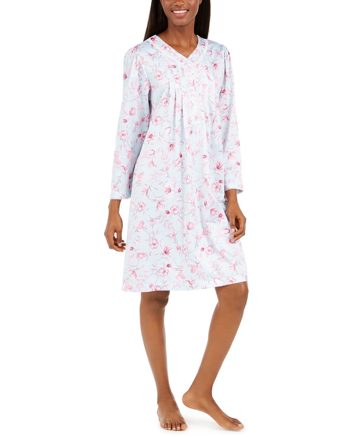 Miss Elaine Wo Brushed Back Floral-print Satin Nightgown Pink Floral Stems On Aqua