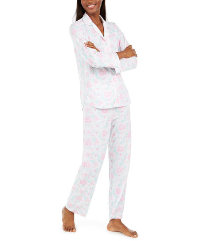 Miss Elaine Wo Floral-print Knit Pajama Set Pink / Mint Abstract Floral