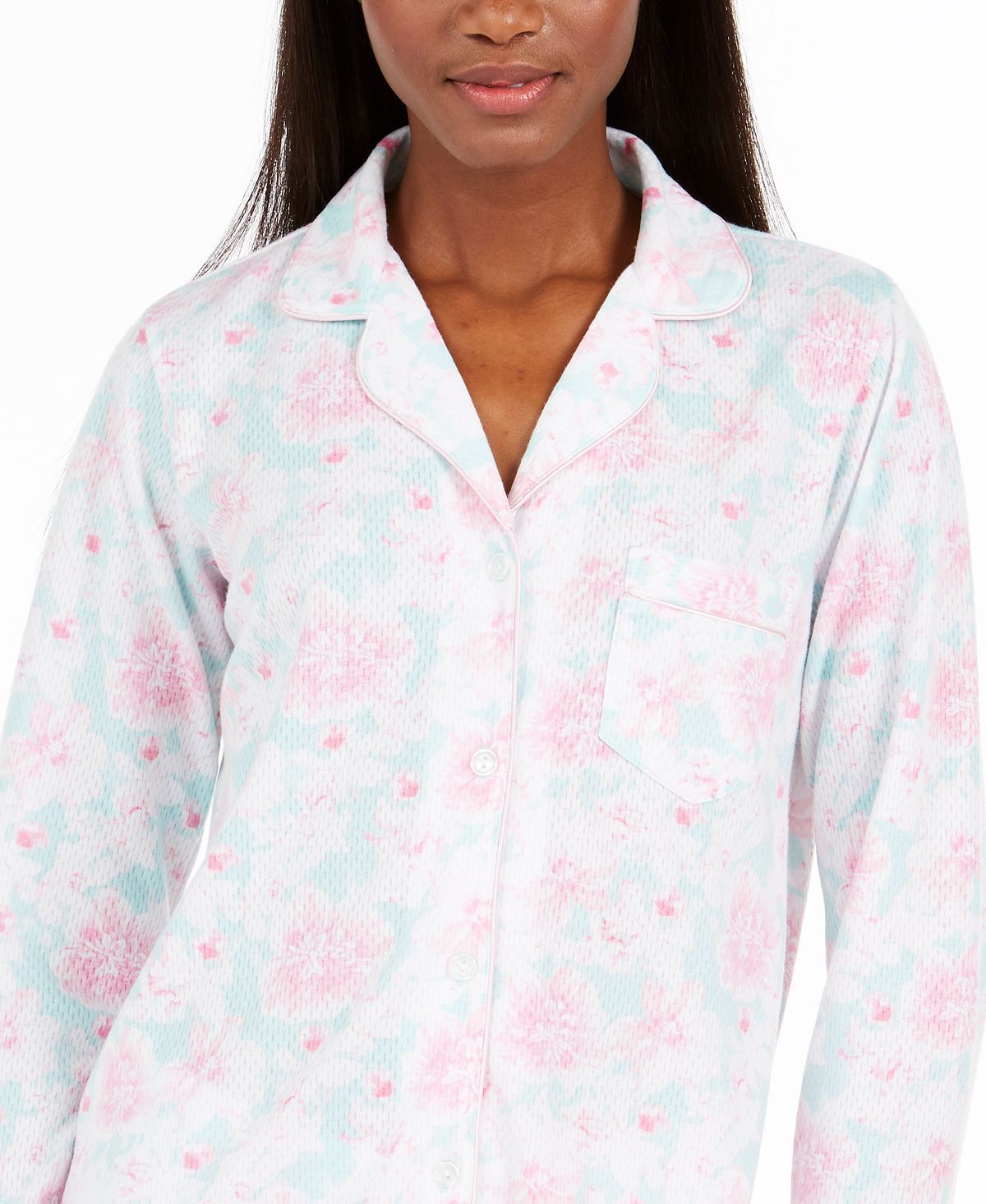 Miss Elaine Wo Floral-print Knit Pajama Set Pink / Mint Abstract Floral