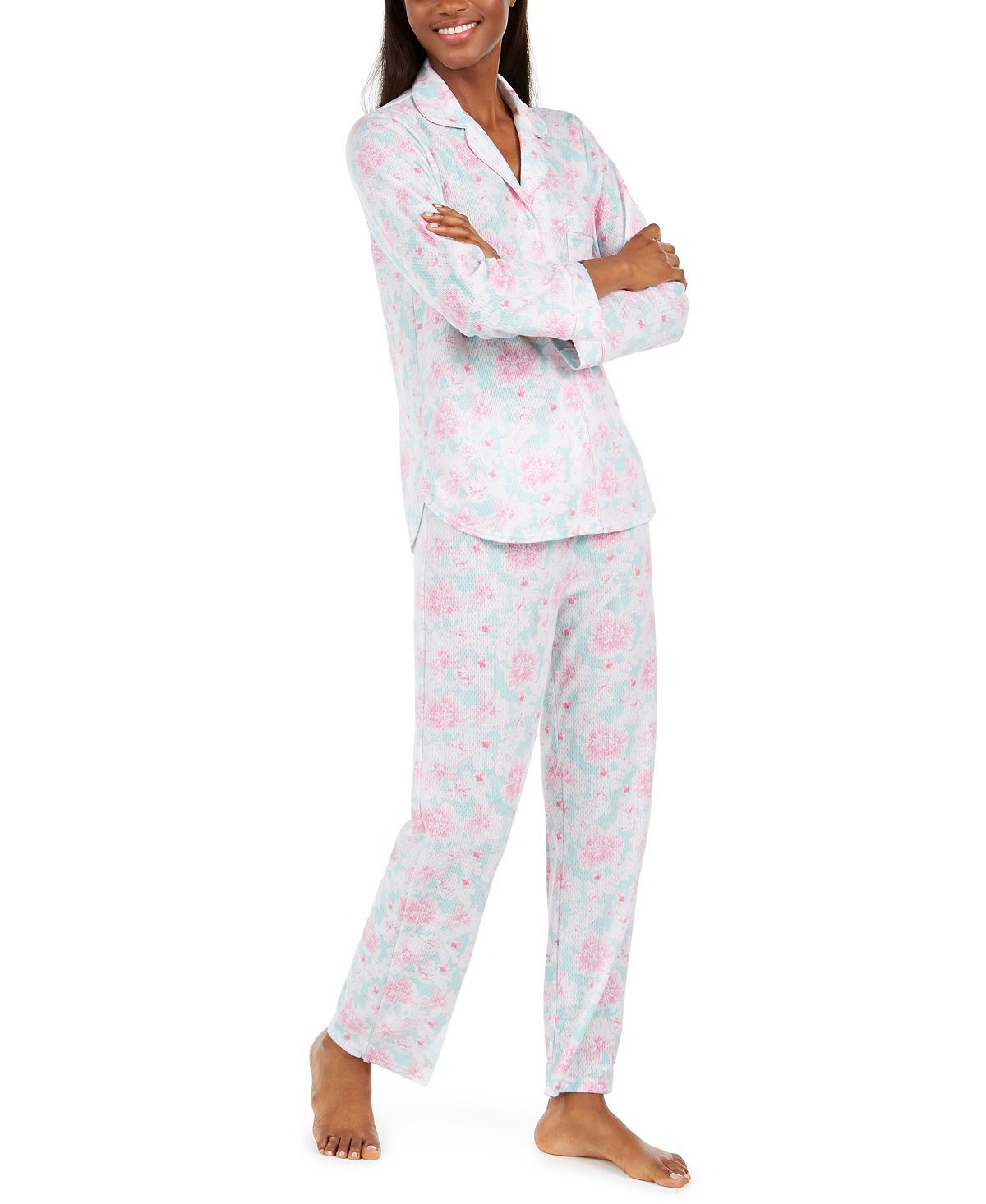 Miss Elaine Wo Floral-print Knit Pajama Set Pink / Mint Abstract Floral