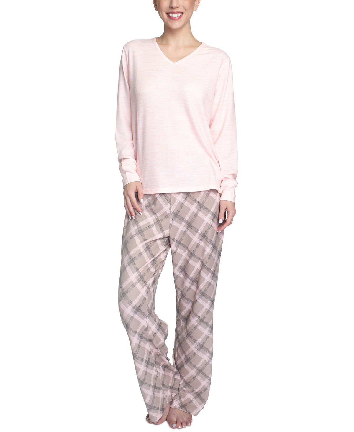 Muk Luks Butter-knit V-neck & Flare-leg Pants Lounge Set Pink Plaid