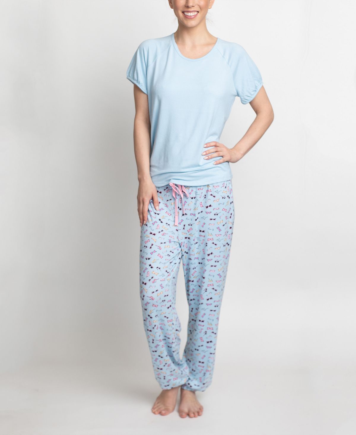 Muk Luks T-shirt & Printed Pants Pajama Set Blue And Sunglasses