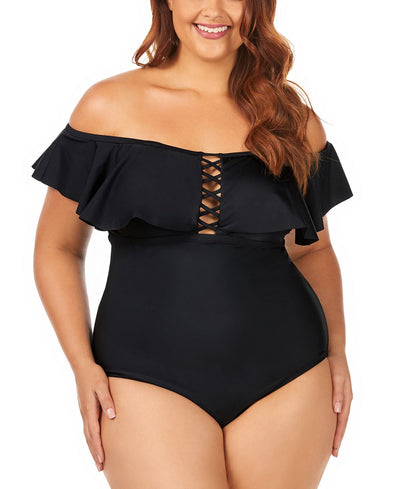 Raisins Curve Trendy Plus Juniors' Solid Caicos Flounce One-piece Swimsuit Black