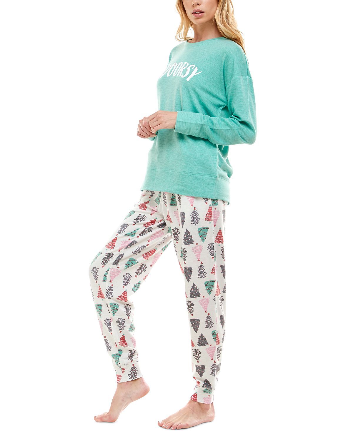 Roudelain Holiday Sweatshirt & Jogger Pants Pajama Set Spacedye Dusty Jade/White