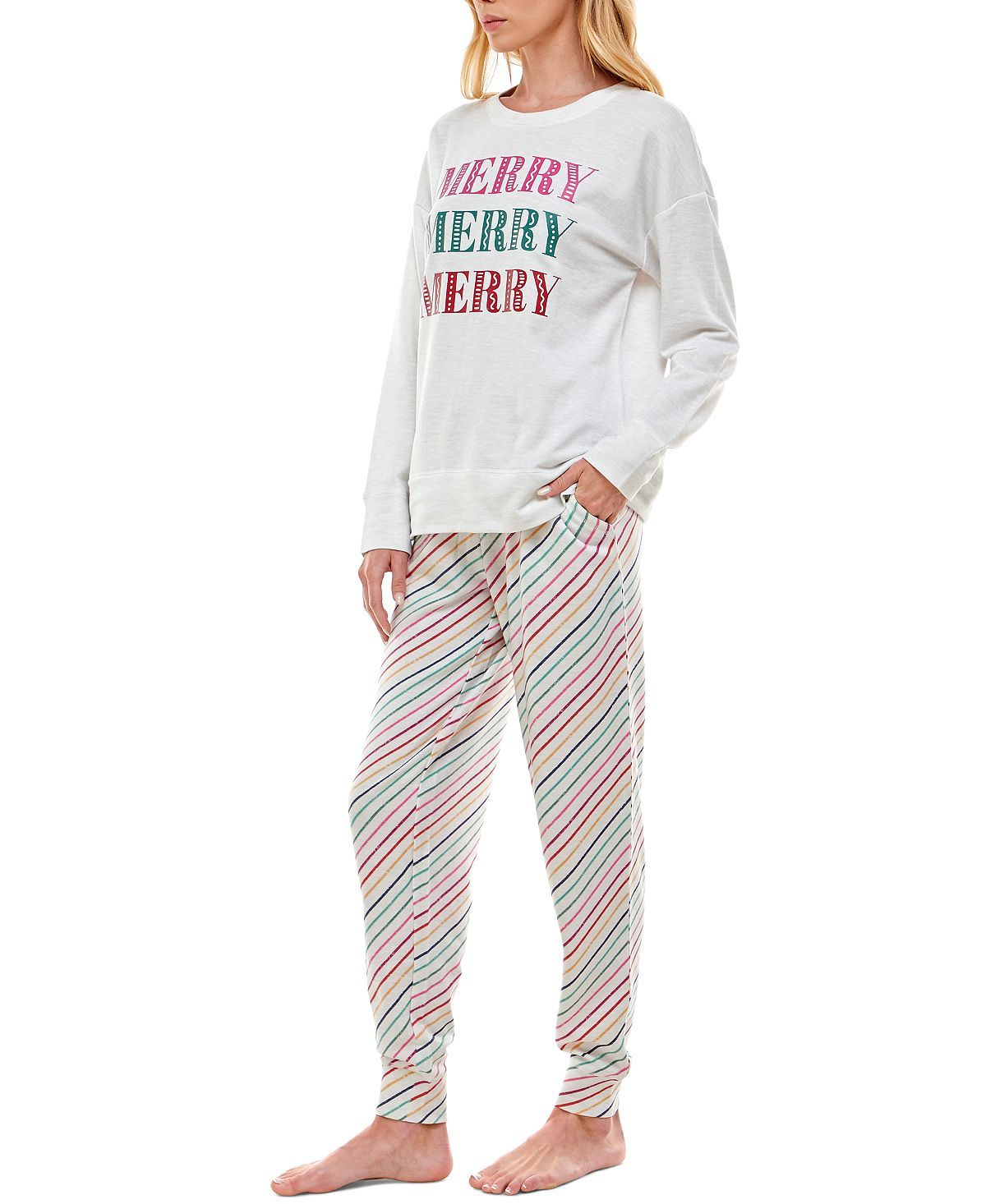 Roudelain Holiday Sweatshirt & Jogger Pants Pajama Set Spacedye White/Rainbow