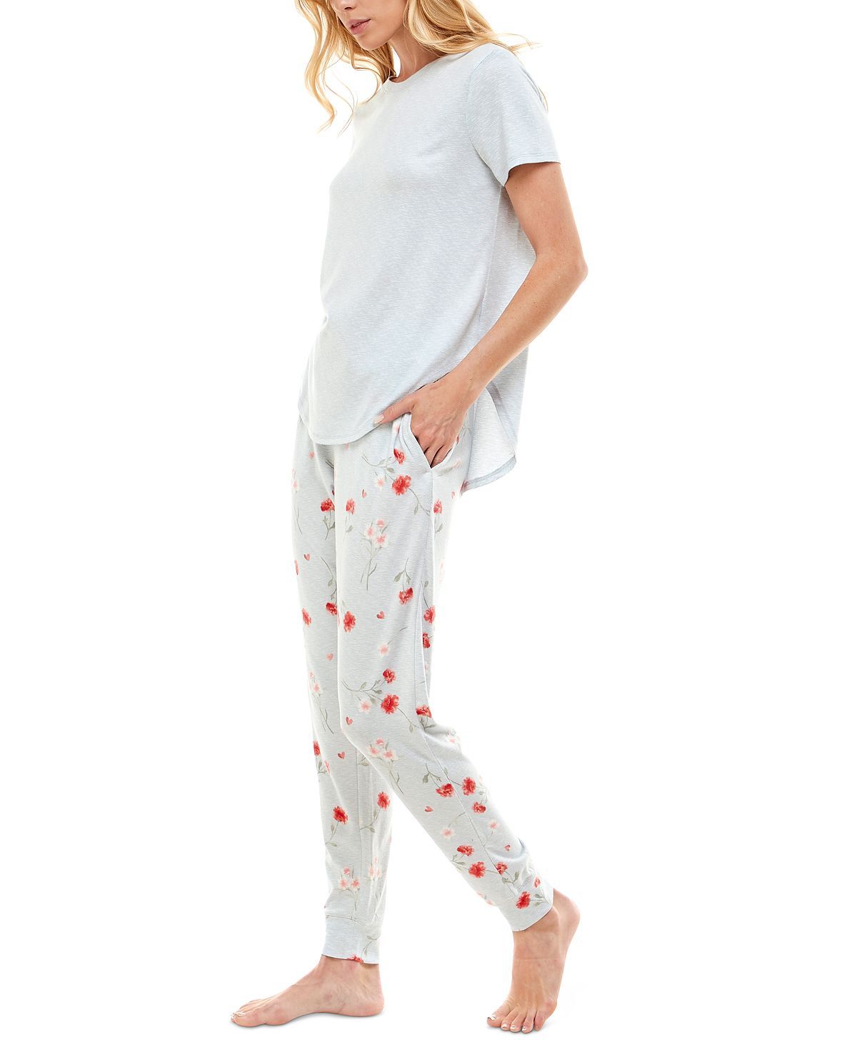 Roudelain Whisper Luxe Short-sleeve Top & Jogger Pants Pajama Set Pearl Blue Spacedye/vday Florals High Rise Sd