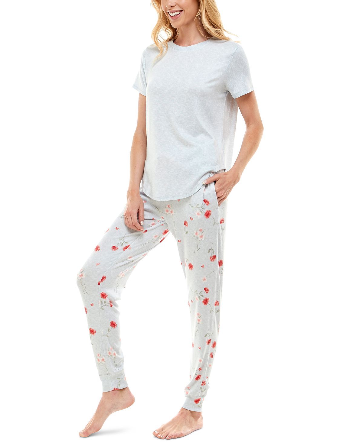 Roudelain Whisper Luxe Short-sleeve Top & Jogger Pants Pajama Set Pearl Blue Spacedye/vday Florals High Rise Sd