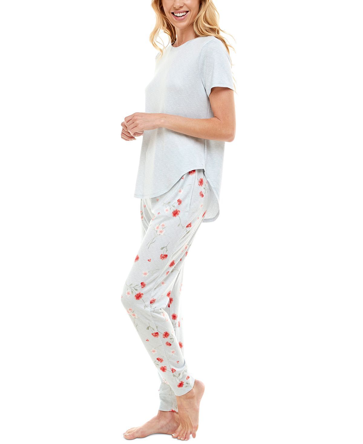 Roudelain Whisper Luxe Short-sleeve Top & Jogger Pants Pajama Set Pearl Blue Spacedye/vday Florals High Rise Sd