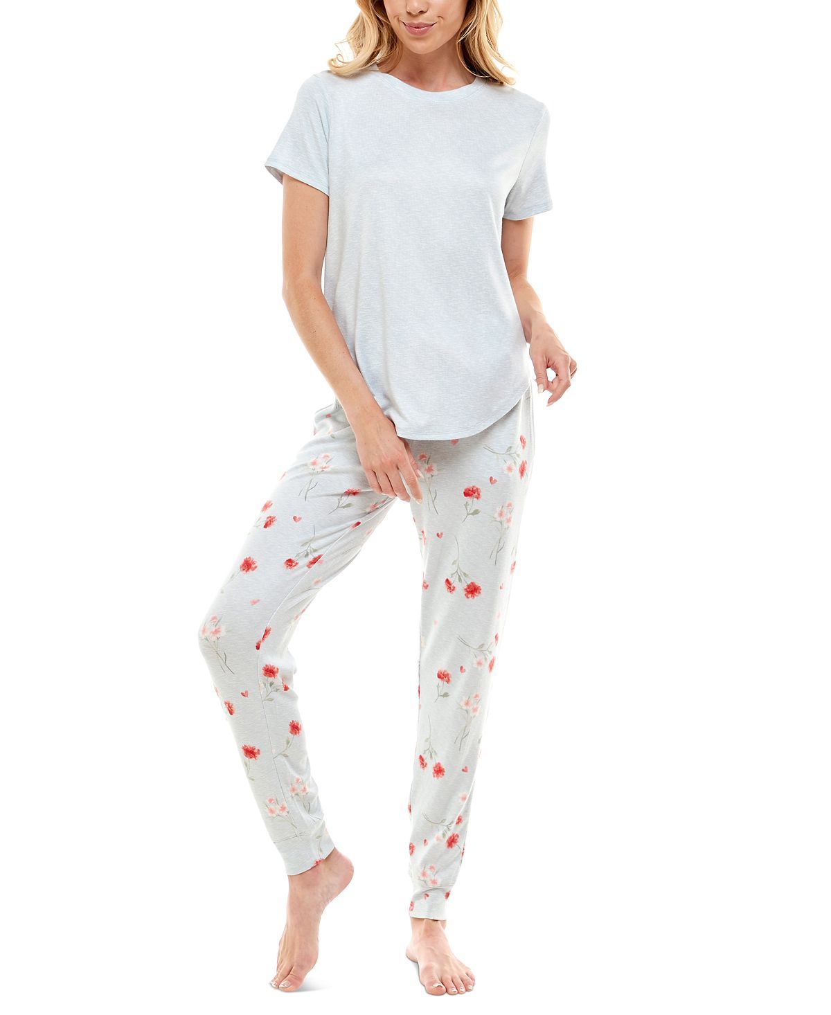 Roudelain Whisper Luxe Short-sleeve Top & Jogger Pants Pajama Set Pearl Blue Spacedye/vday Florals High Rise Sd