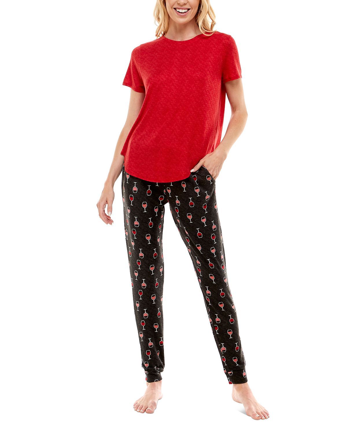 Roudelain Whisper Luxe Short-sleeve Top & Jogger Pants Pajama Set Samba Space Dye/i Heart Wine Black