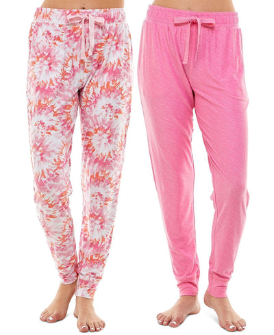 Roudelain Wo Ultra-soft Jogger Pajama Bottoms Set Of 2 Space Dye Ibis Rose/delicate Tie Dye White