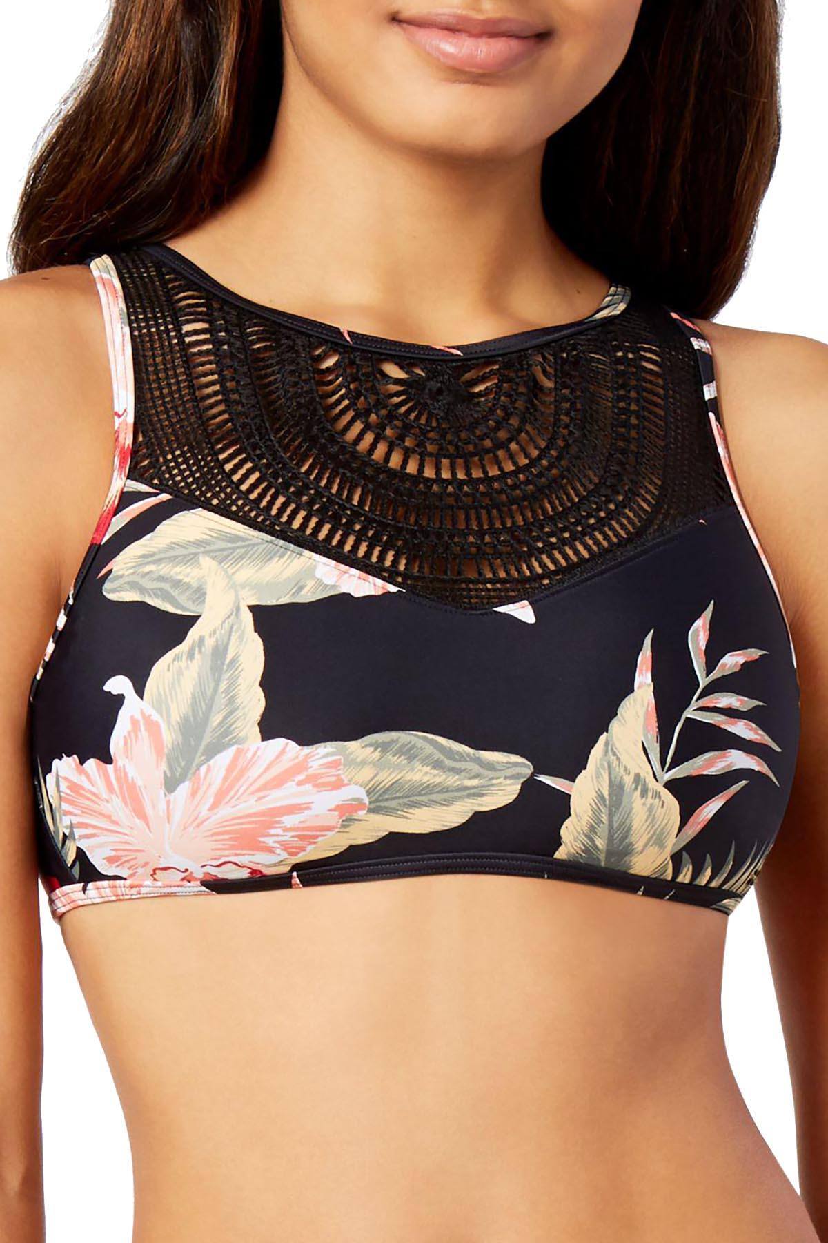 Roxy Anthracite-Black Tropical-Print Mesh-Inset Sea-Lovers High0Neck Bikini Top