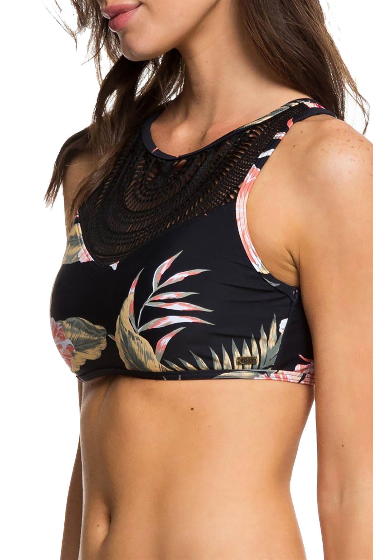 Roxy Anthracite-Black Tropical-Print Mesh-Inset Sea-Lovers High0Neck Bikini Top