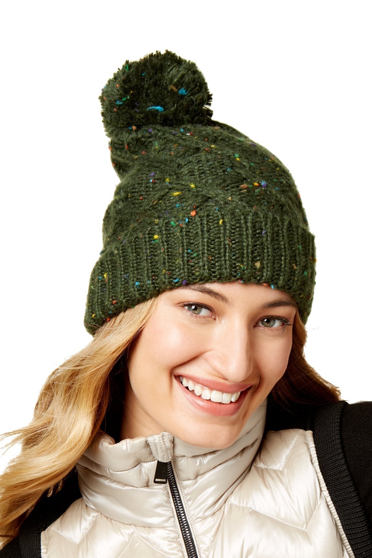 Steve Madden Military-Green Speckled Cable-Knit Beanie