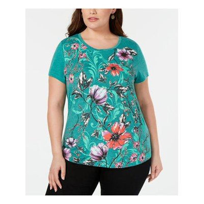 Style & Co. Green Floral Short Sleeve Jewel Neck Top Green