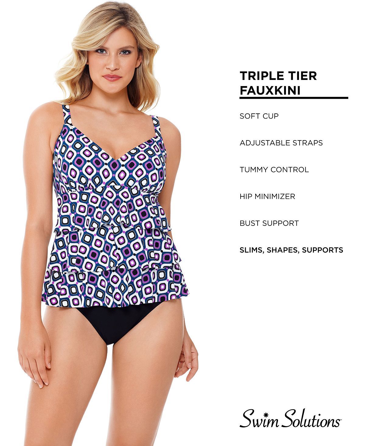 Swim Solutions Jewels Printed Tiered Tummy Control One-piece Swimsuit Jewels