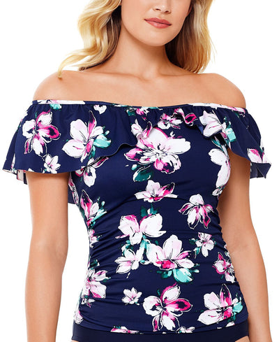 Swim Solutions Status Printed Off-the-shoulder Tankini Top Status Floral Navy