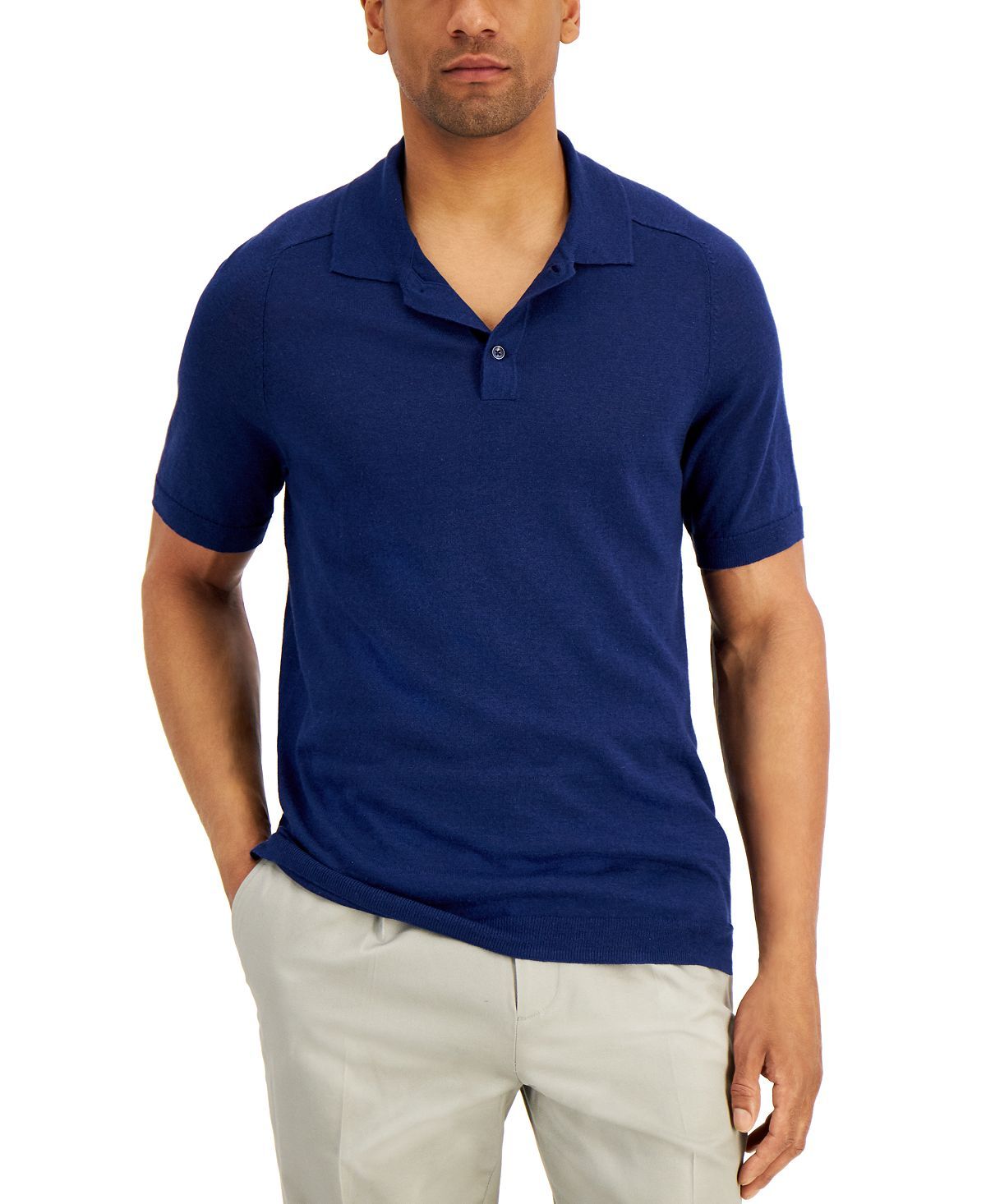 Tasso Elba Sweater-knit Linen Polo Shirt Navy Combo