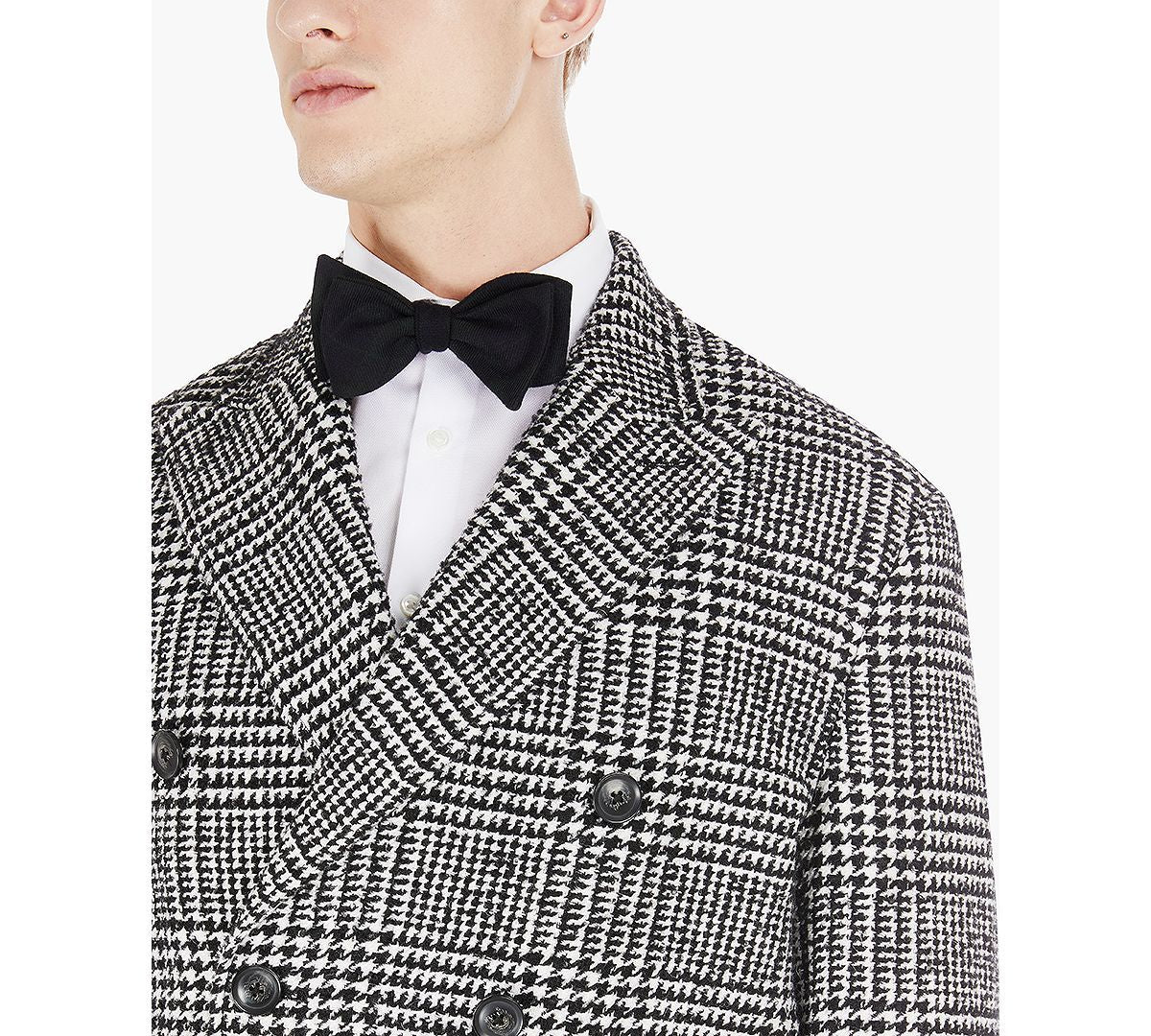 Tayion Collection Classic Double-breasted Glen Plaid Overcoat Blk White