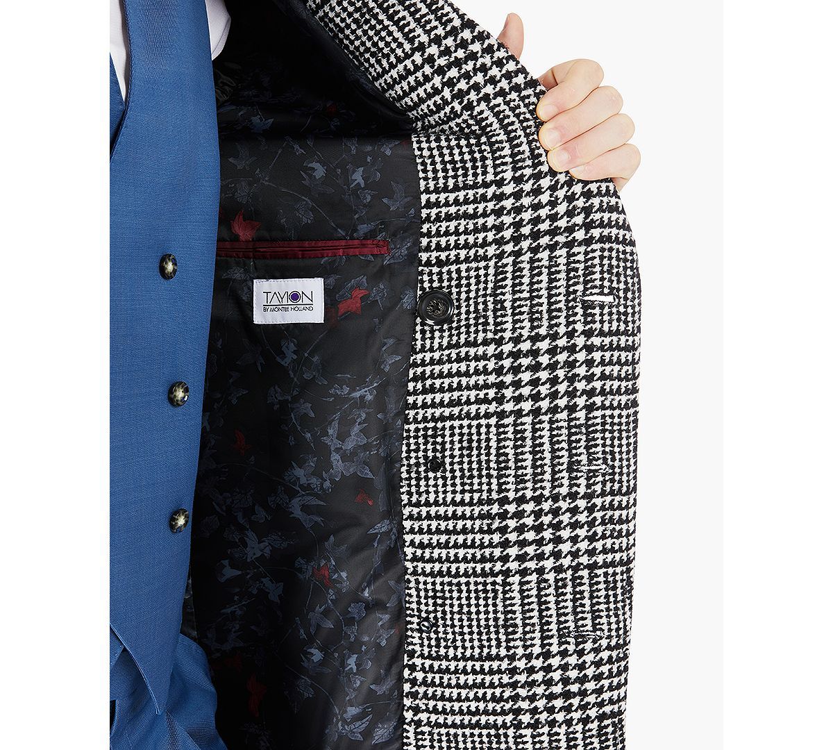 Tayion Collection Classic Double-breasted Glen Plaid Overcoat Blk White