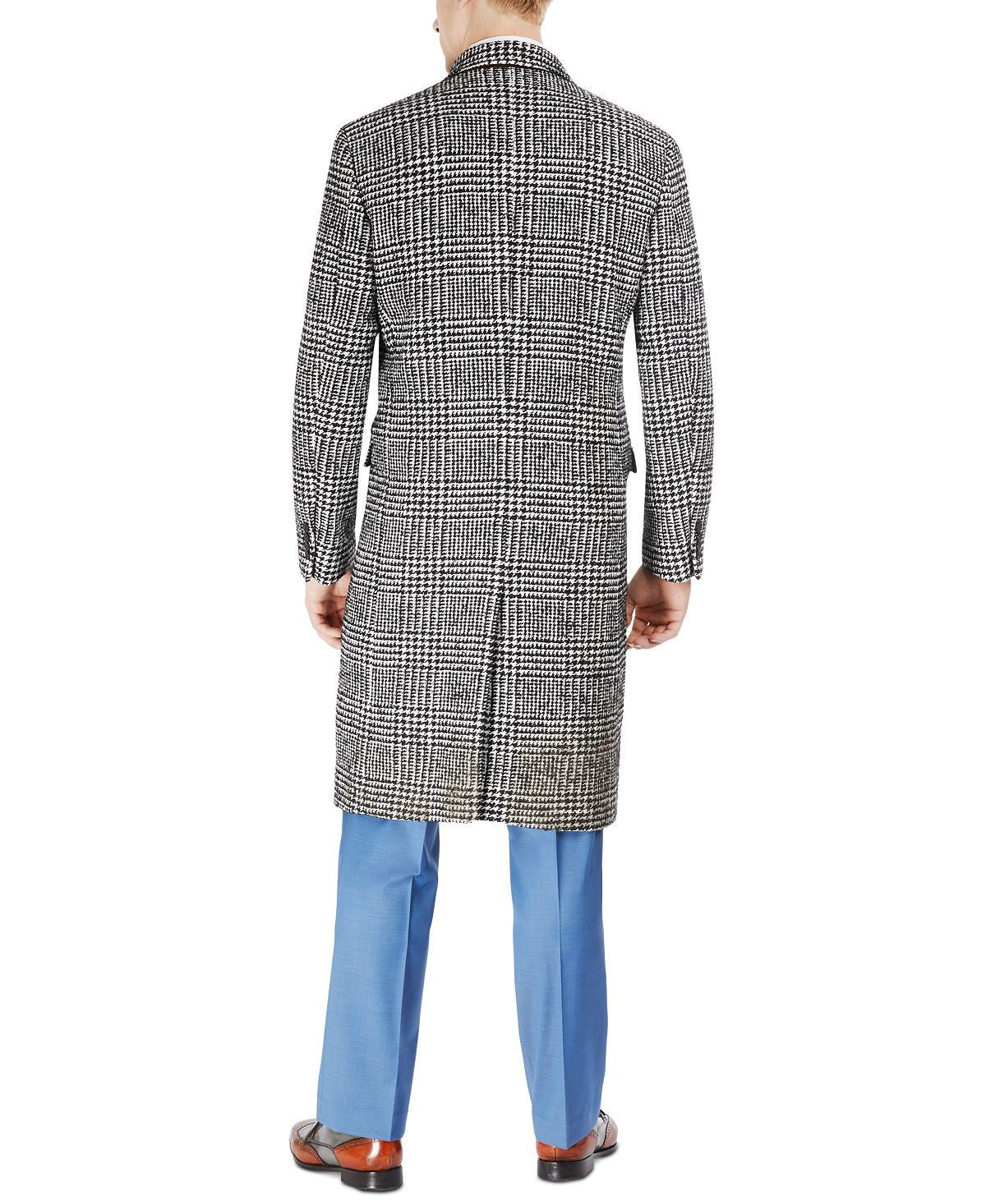 Tayion Collection Classic Double-breasted Glen Plaid Overcoat Blk White