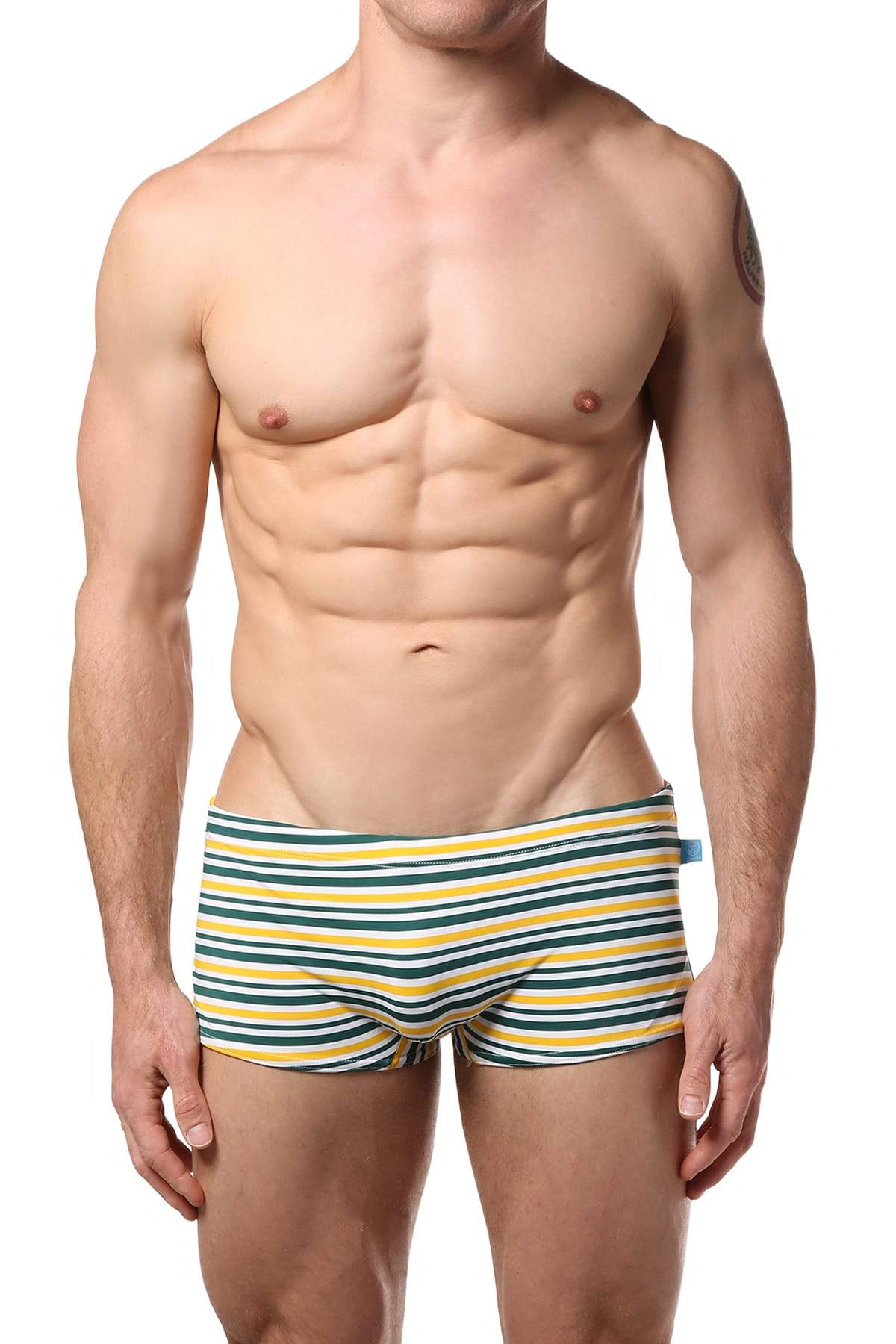 Timoteo Green & Yellow Stripe Open Water Swim Trunk