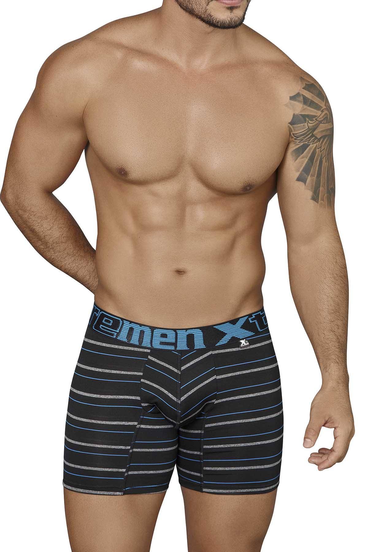 XTREMEN Black/Blue/Grey Thin-Stripe Microfiber Boxer Brief