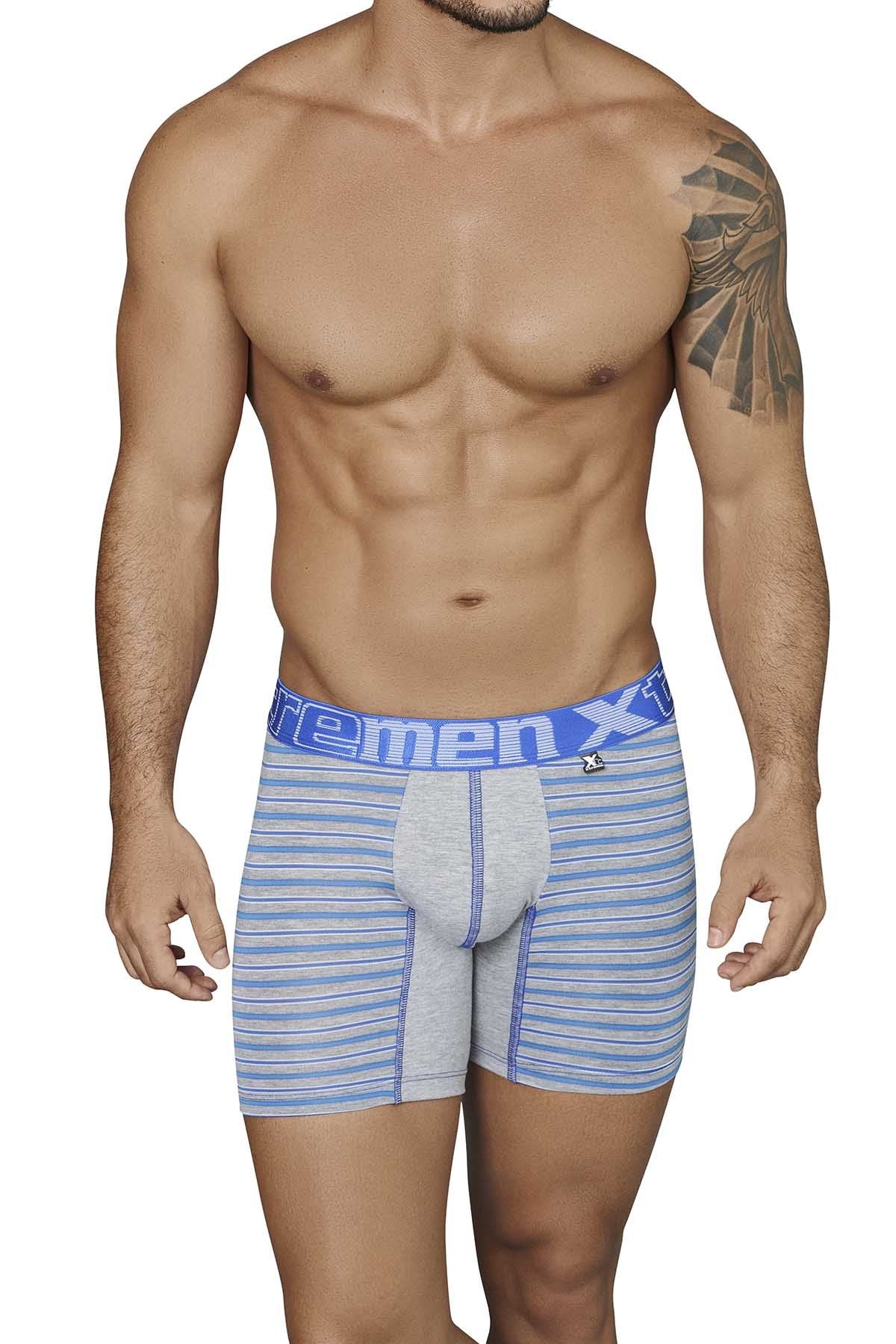 XTREMEN Blue/Grey Striped-Panel Cotton Boxer Brief