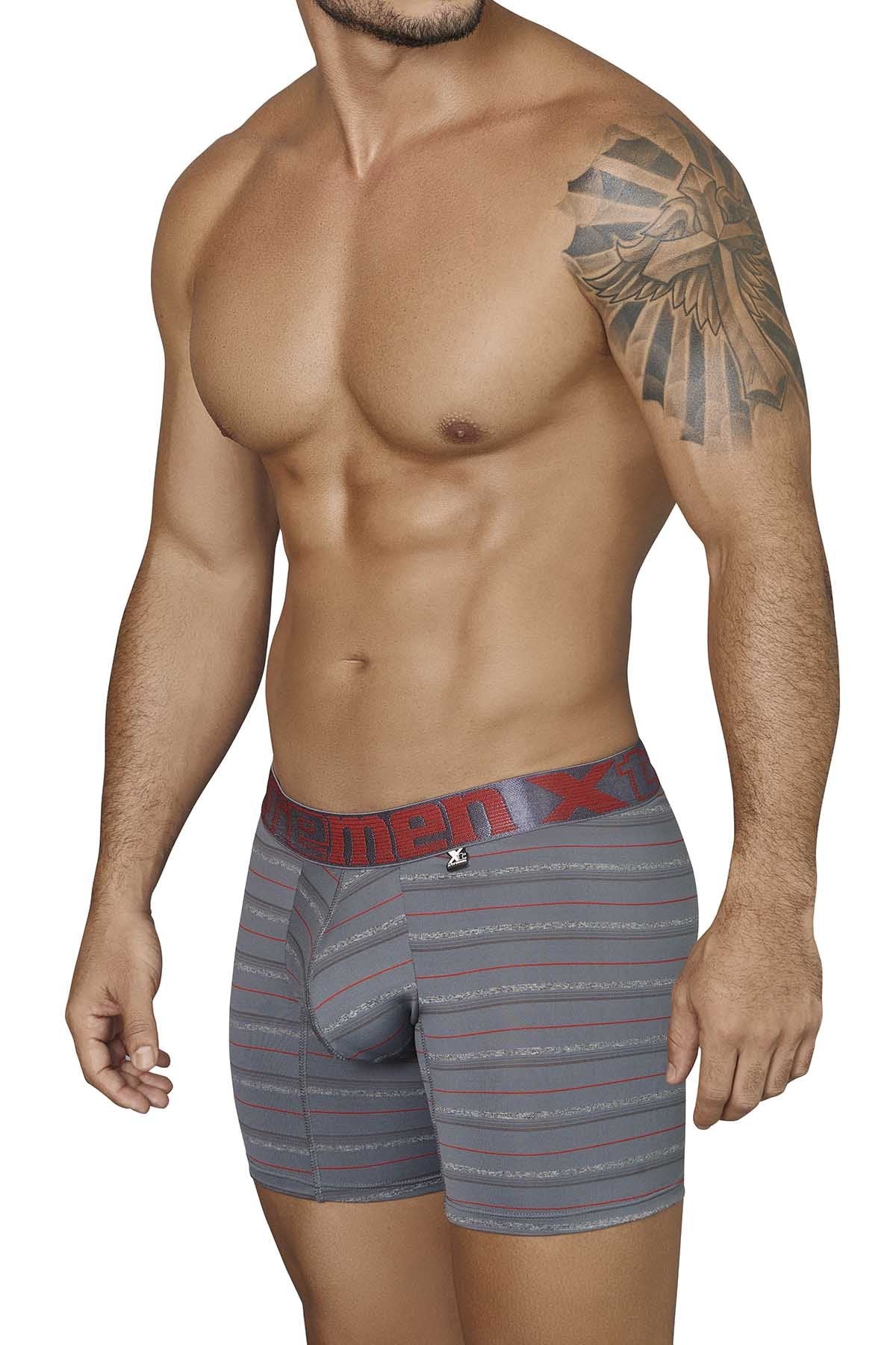 XTREMEN Dark-Grey/Red Thin-Stripe Microfiber Boxer Brief