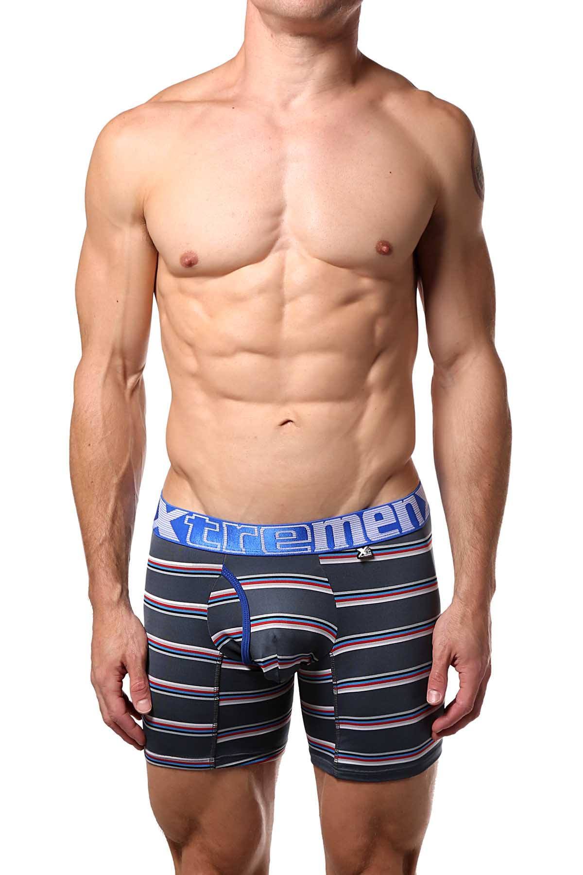 XTREMEN Grey/Blue Stripe Open-Fly Microfiber Boxer Brief