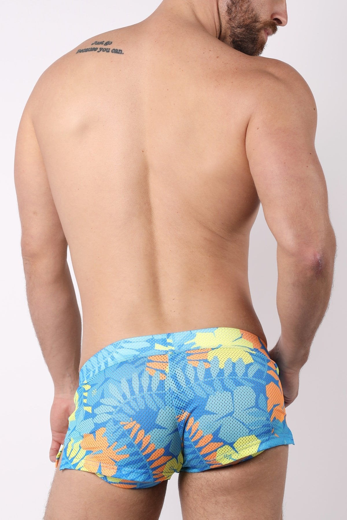 timoteo Blue Pool Party Printed Mesh Swim Short w/ Jockstrap