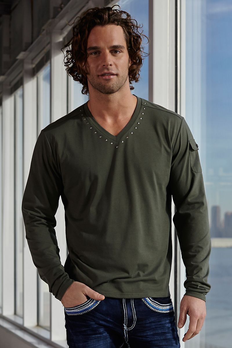 P.O.V. Green Studded L/S V-Neck Shirt