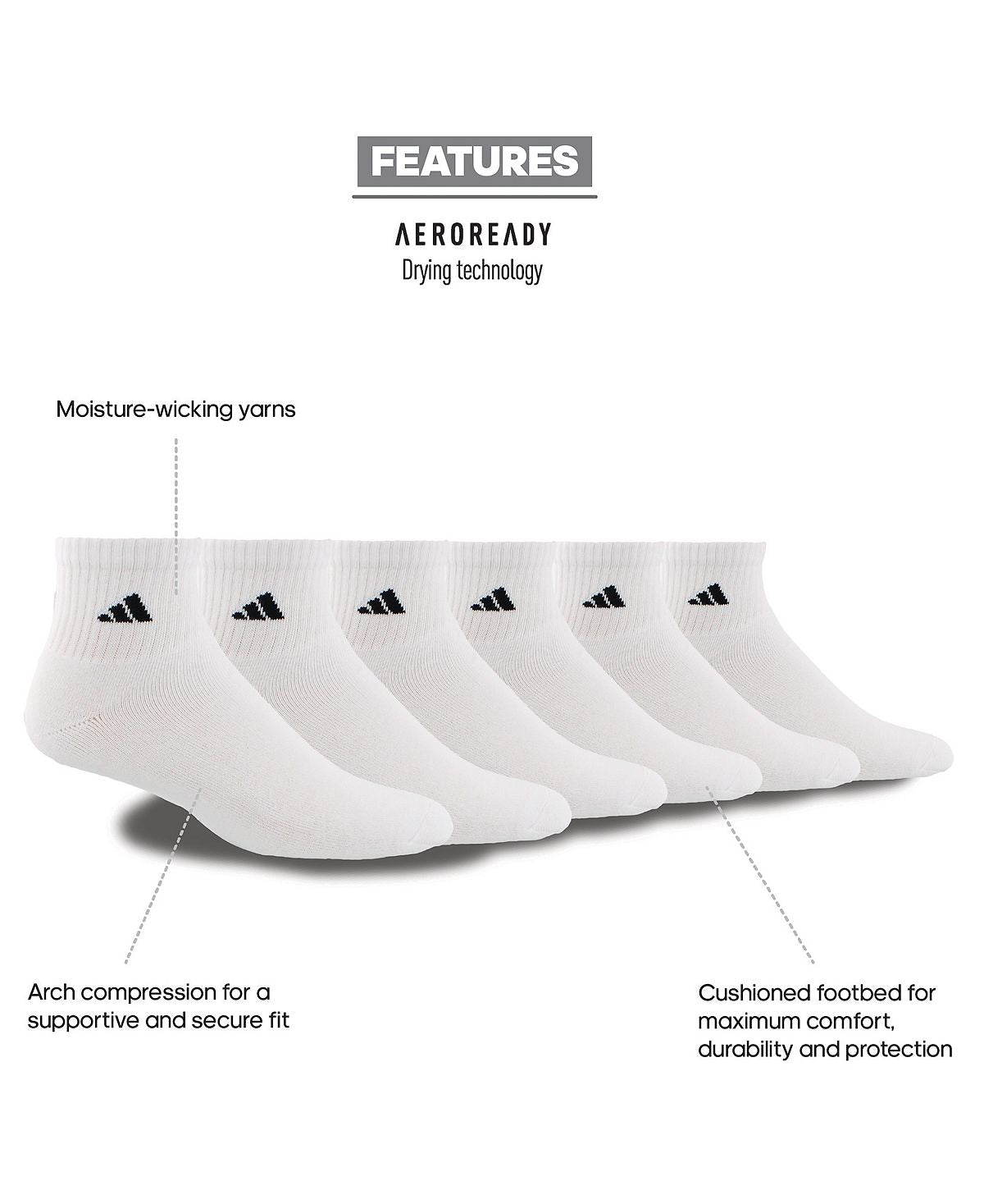 Adidas Cushioned Quarter Extended Socks 6-pack White