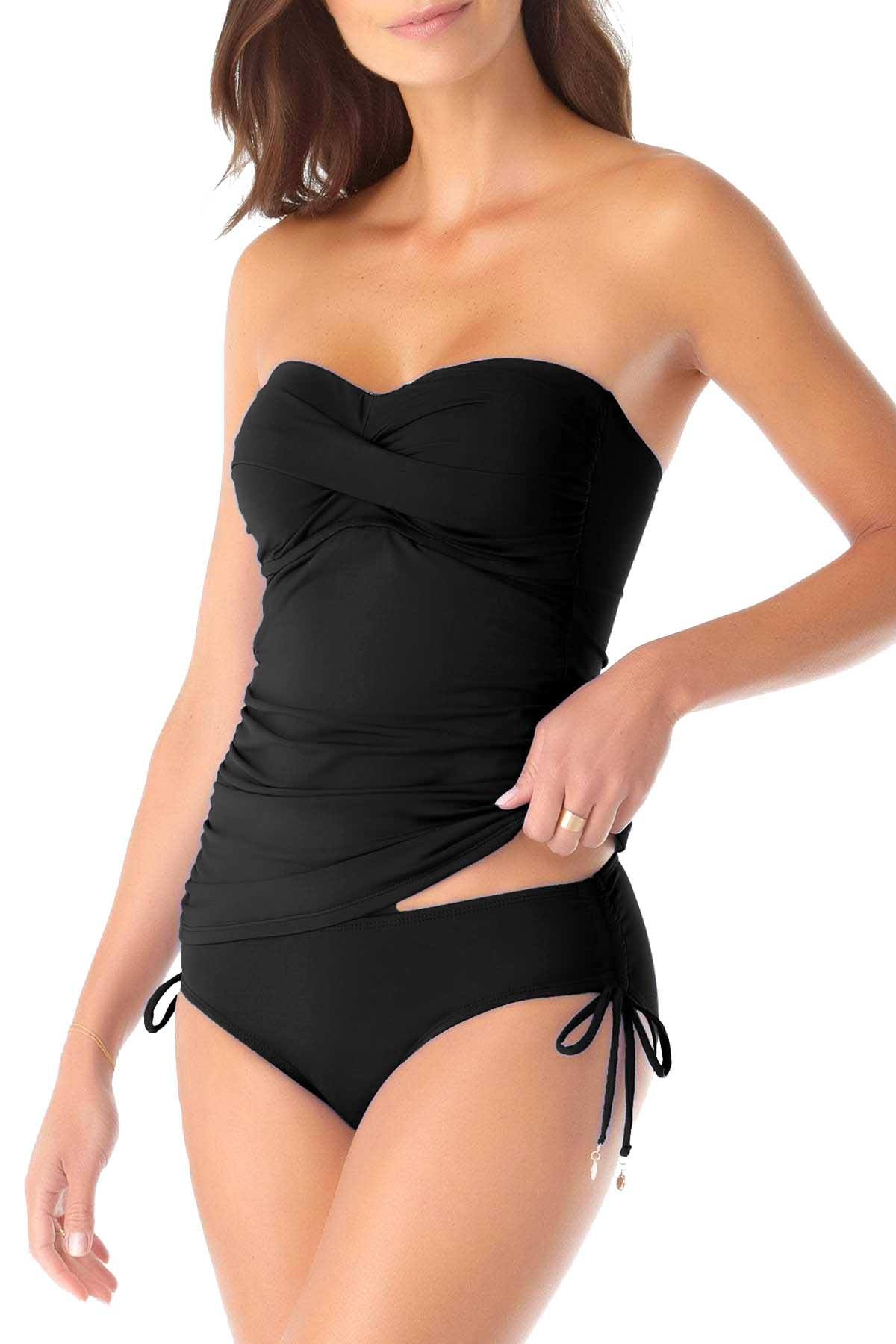 Anne Cole Black Twist-Front Ruched Bandeau Tankini Top