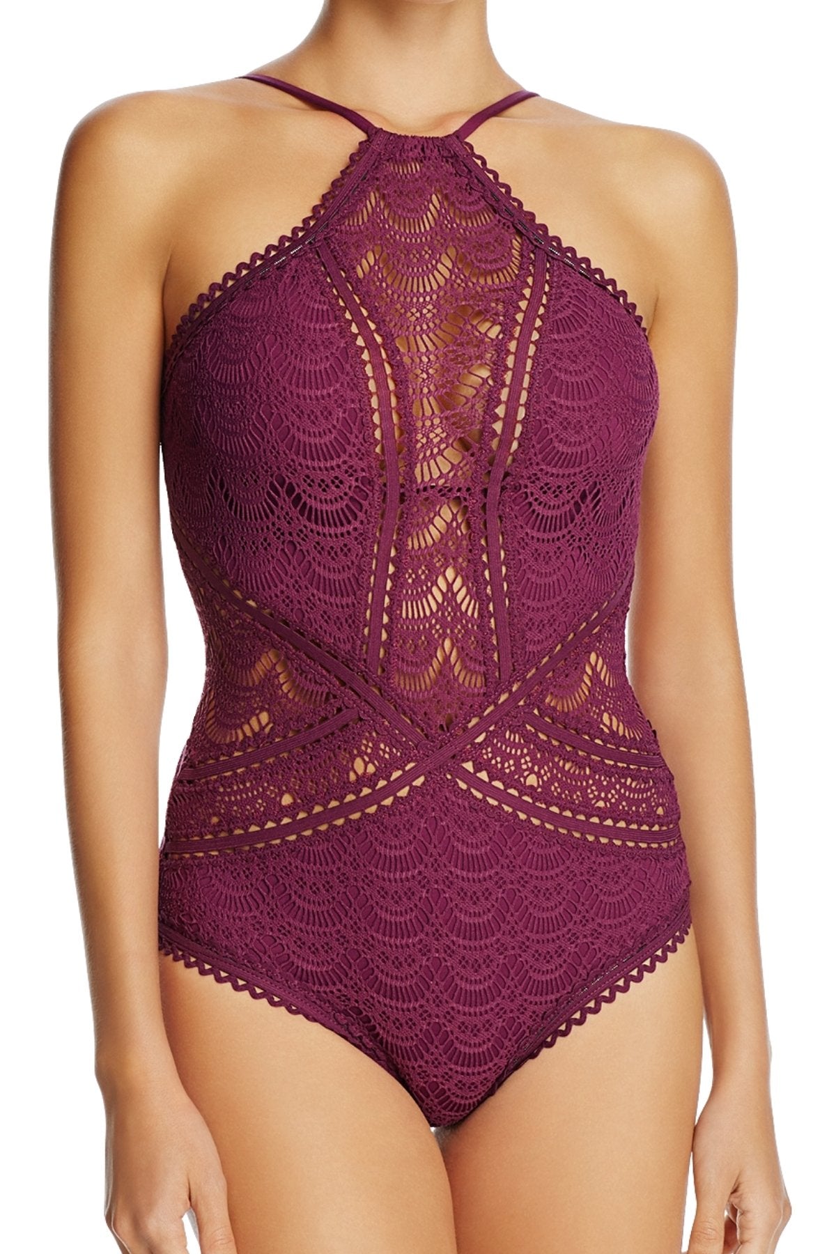 BECCA by Rebecca Virtue Raisin Crochet High-Neck Illusion One-Piece Swimsuit