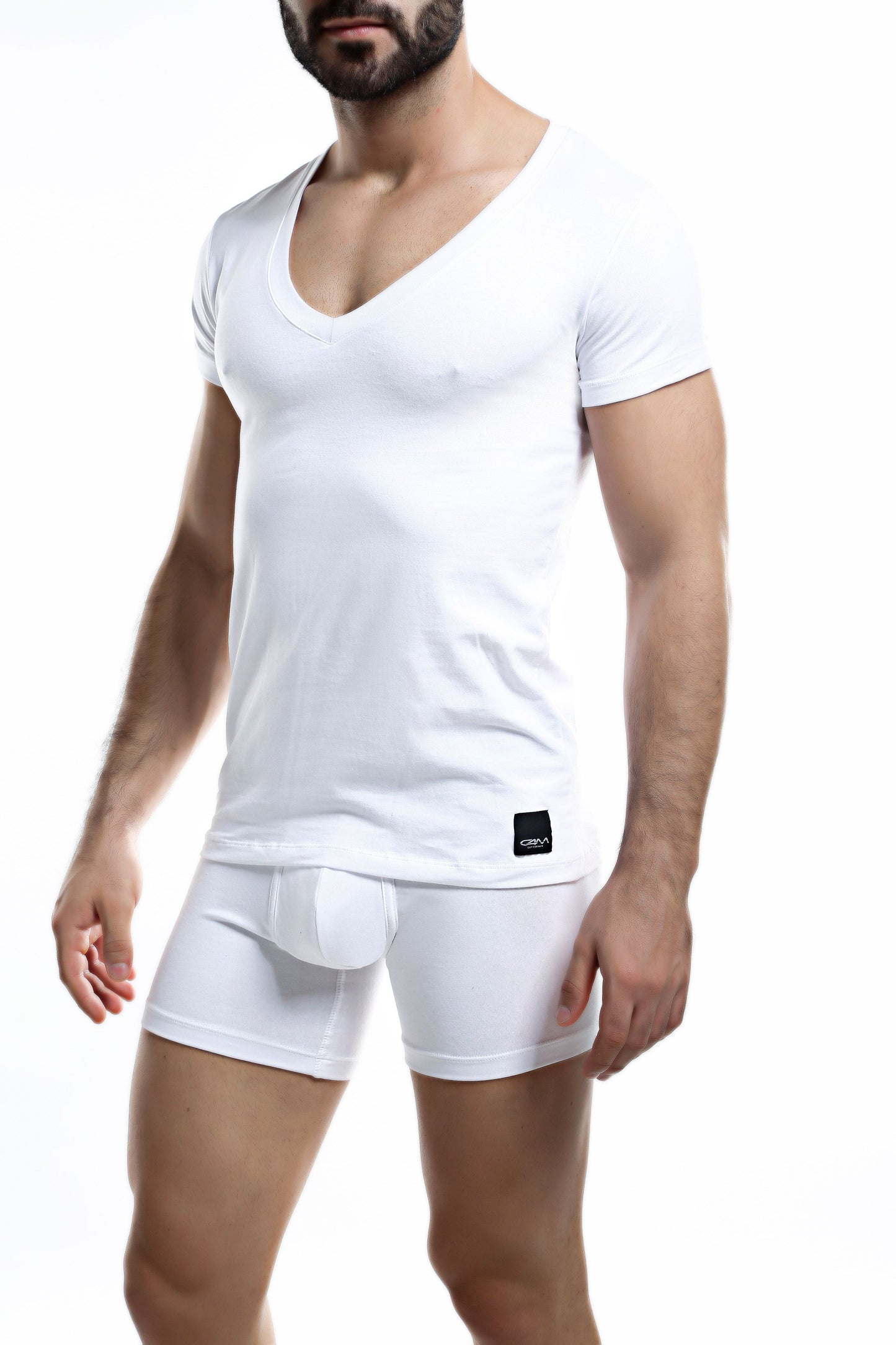 C4M White Deep V Neck Shirt