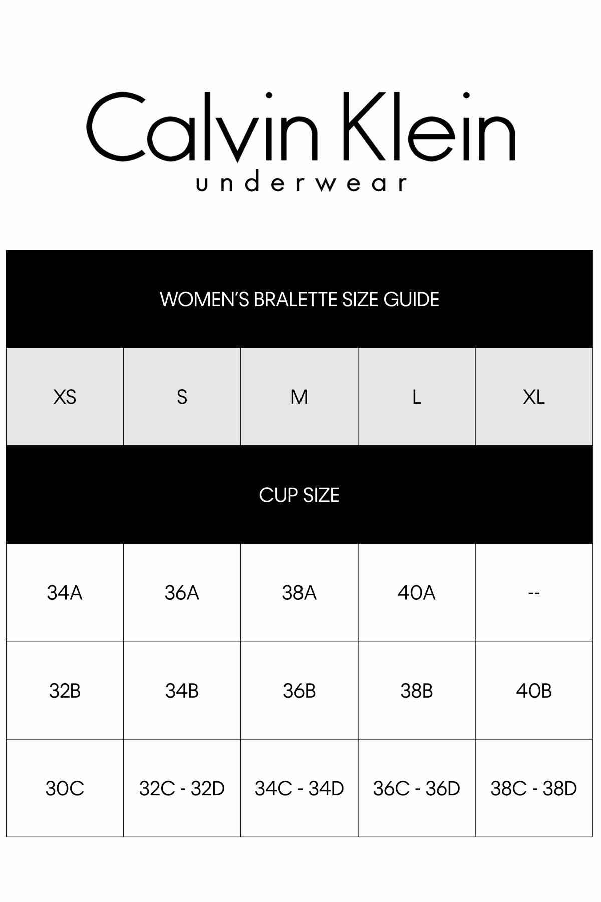 Bra size cheap chart calvin klein