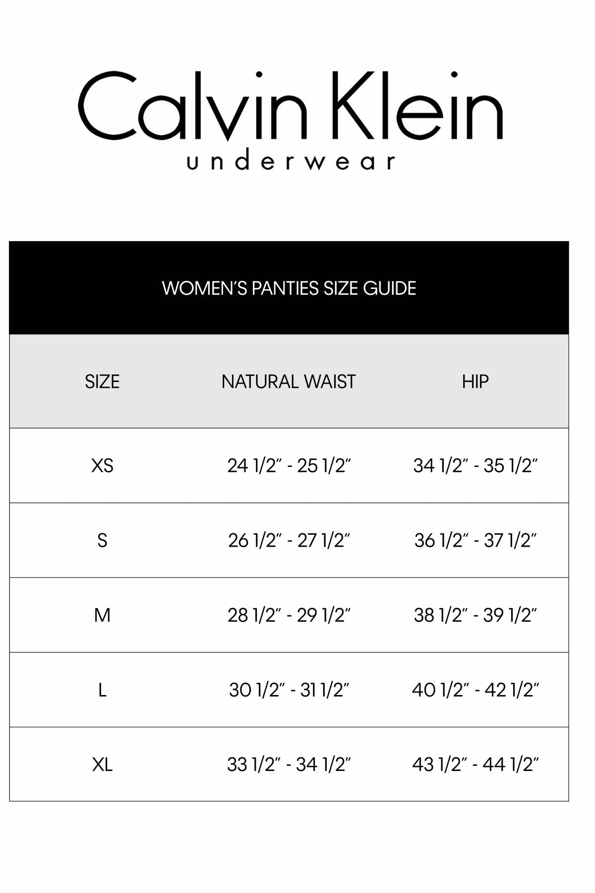 Calvin klein underwear outlet sizes chart