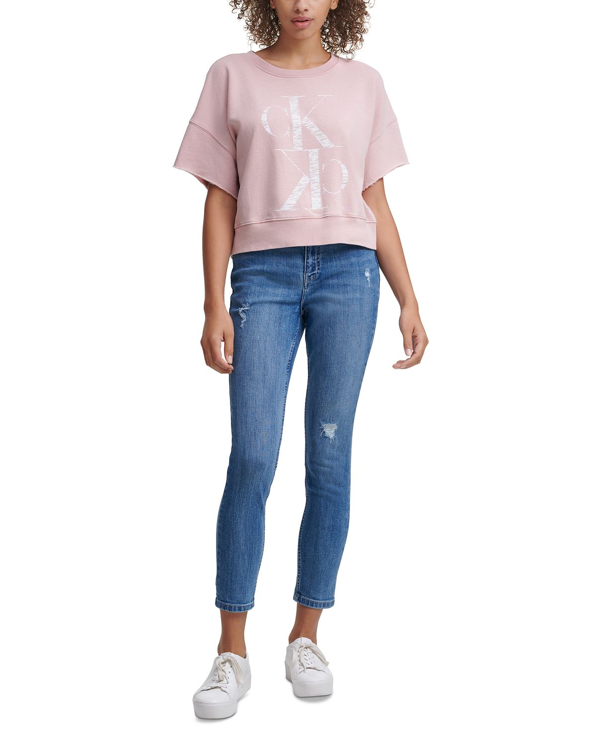 Calvin Klein Jeans Distressed Logo Short Sleeve Sweatshirt Rose Quartz