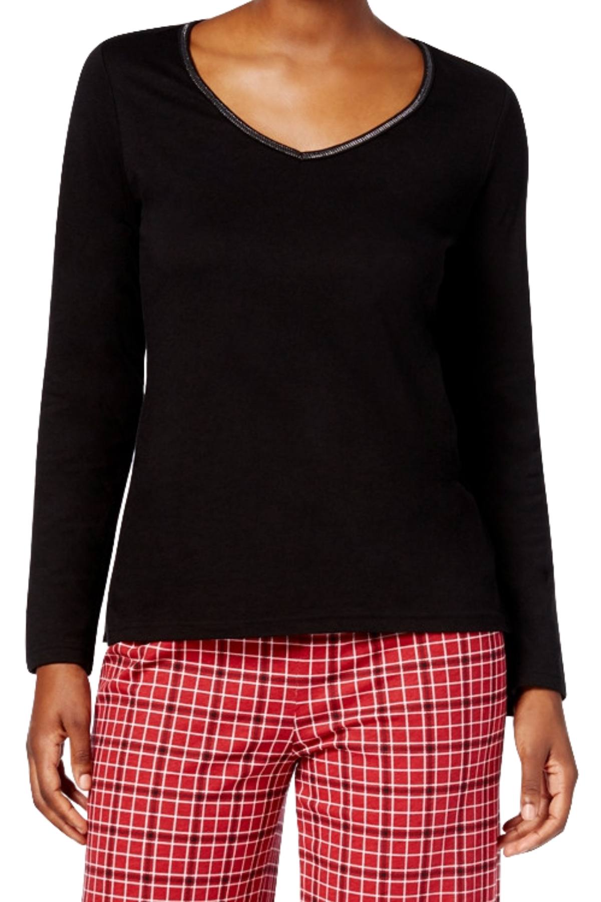 Charter Club Intimates Black Top & Red Small-Grid Plaid-Printed Pant PJ Set