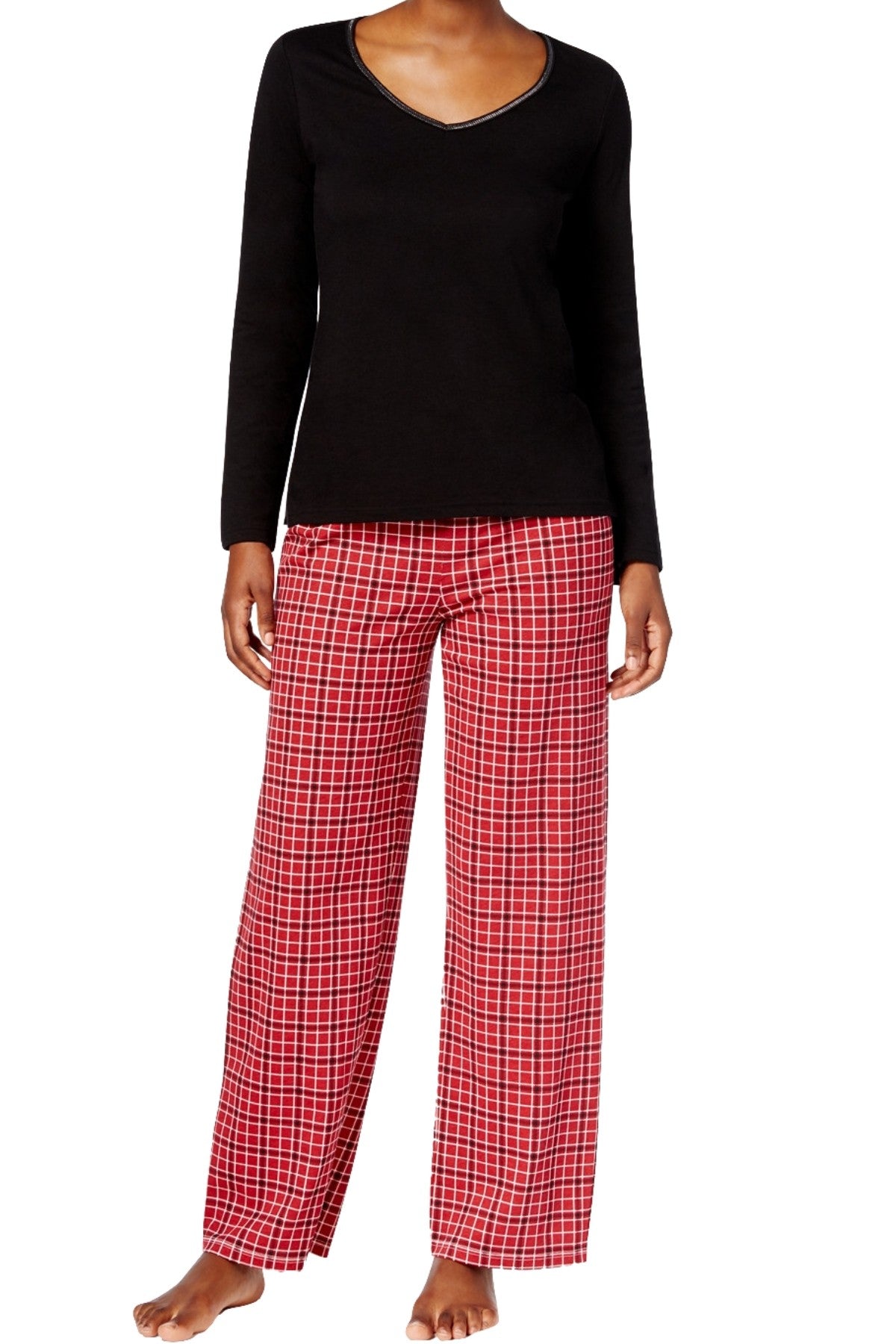 Charter Club Intimates Black Top & Red Small-Grid Plaid-Printed Pant PJ Set