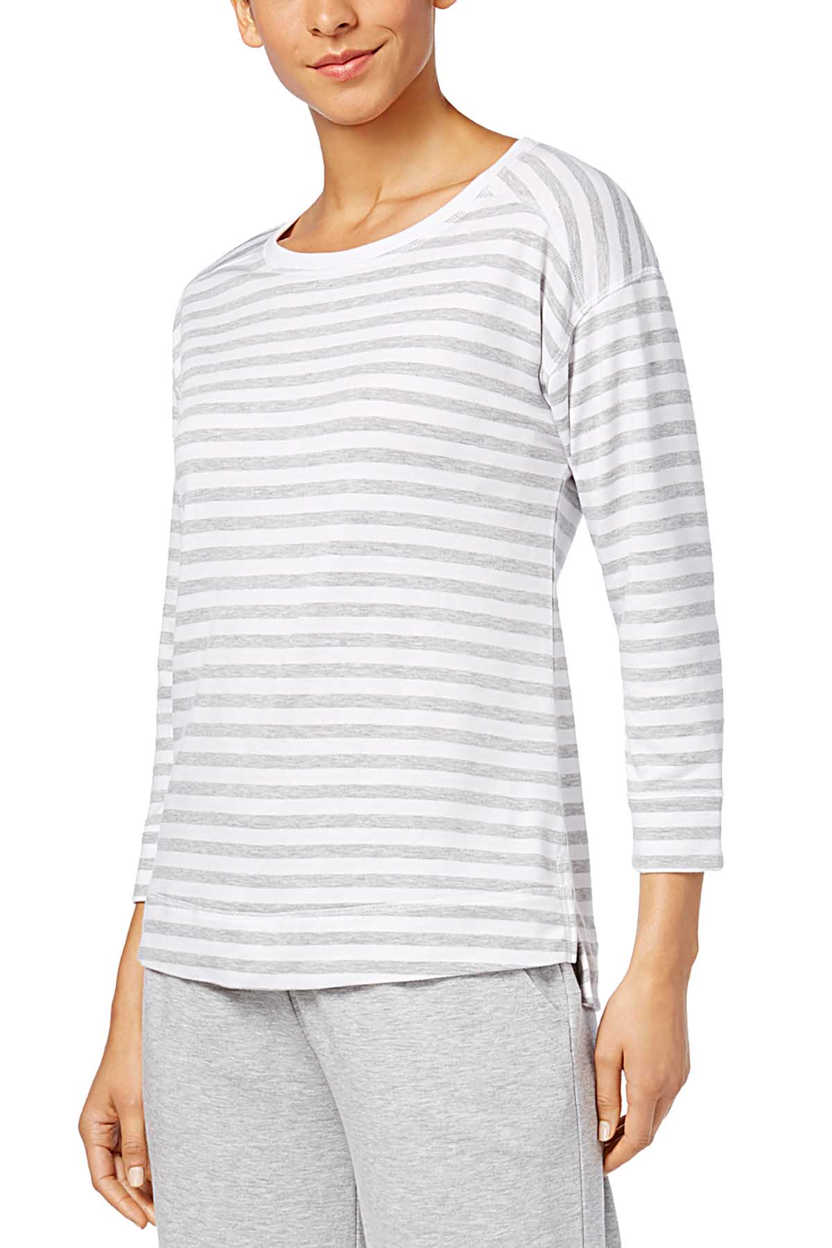 Charter Club Intimates Grey/White Striped Rib-Trim Lounge Top