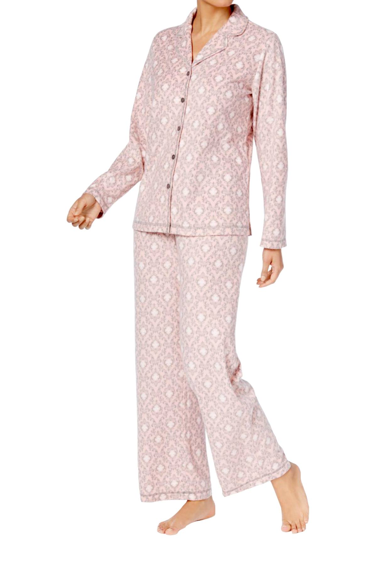 Charter Club Intimates Pink/Grey Garland-Scroll Printed Fleece Pajama Set