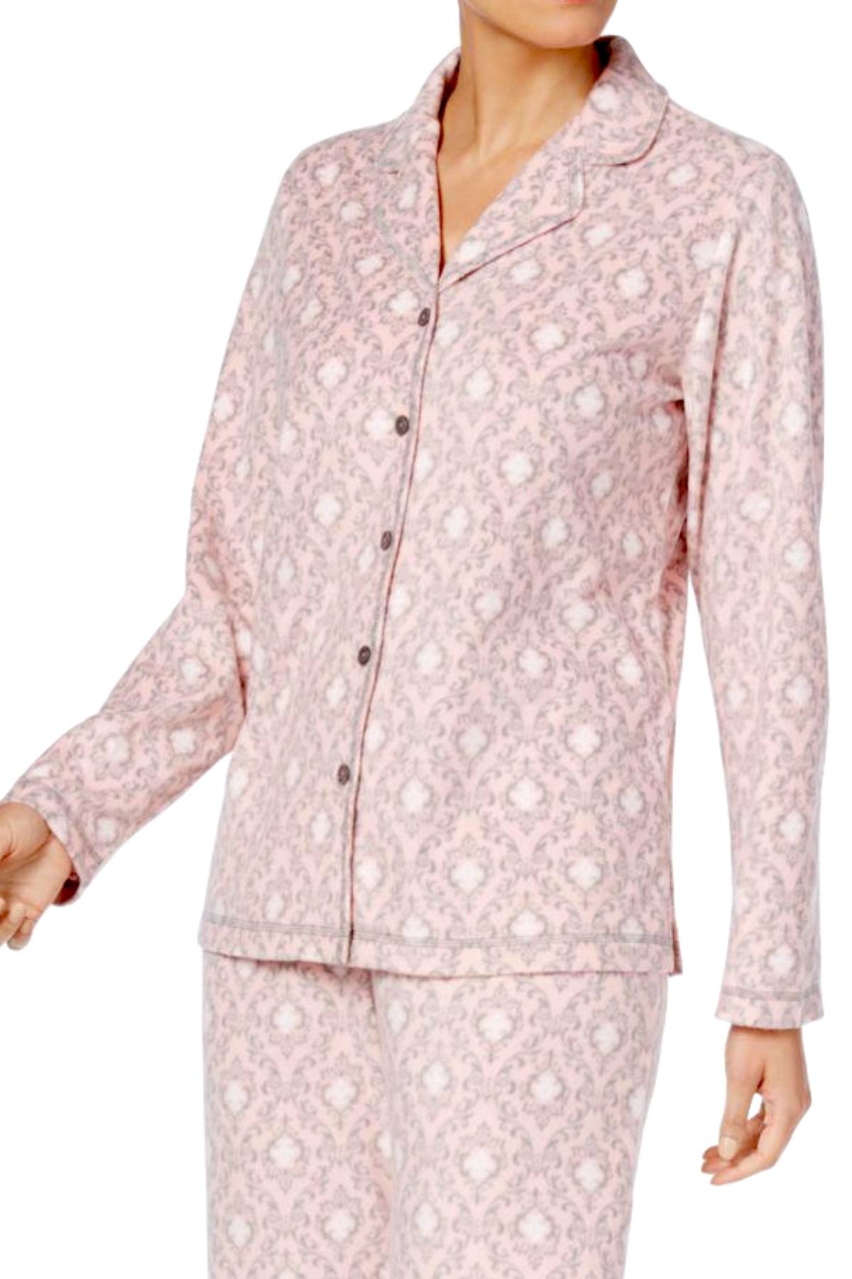 Charter Club Intimates Pink/Grey Garland-Scroll Printed Fleece Pajama Set