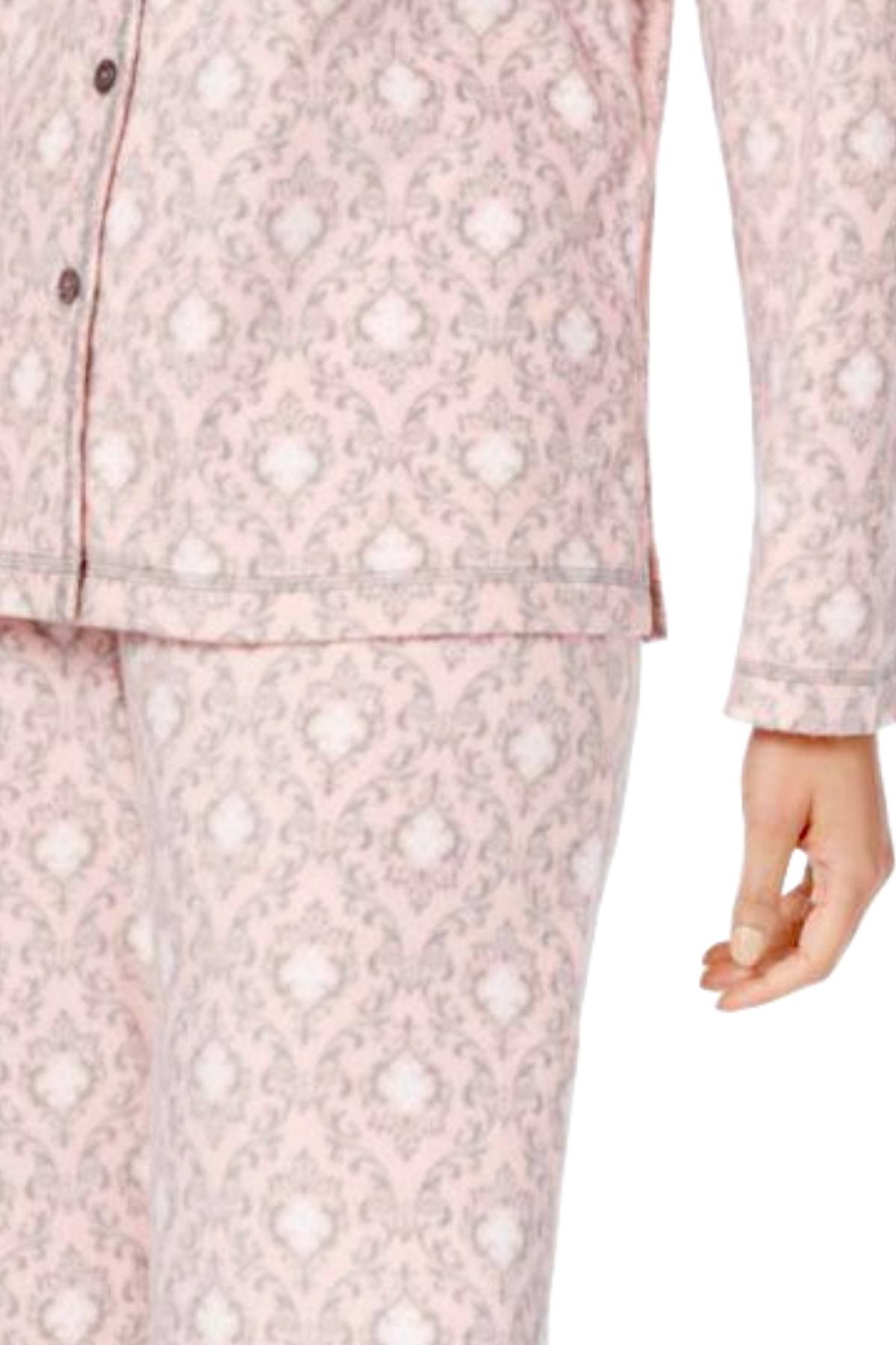 Charter Club Intimates Pink/Grey Garland-Scroll Printed Fleece Pajama Set