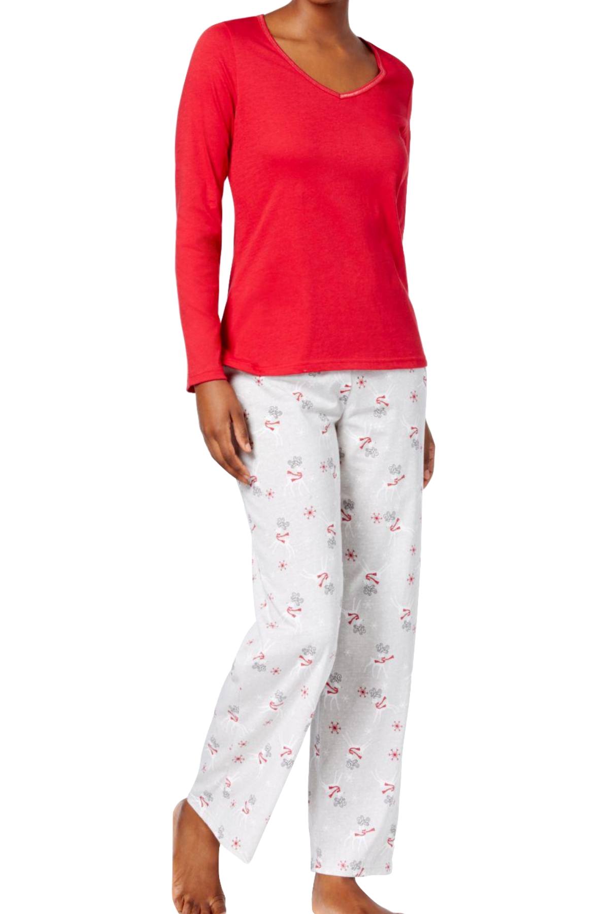 Charter Club Intimates Red/Grey Prancing-Deer 2-Pc Top & Printed Pant Pajama Set