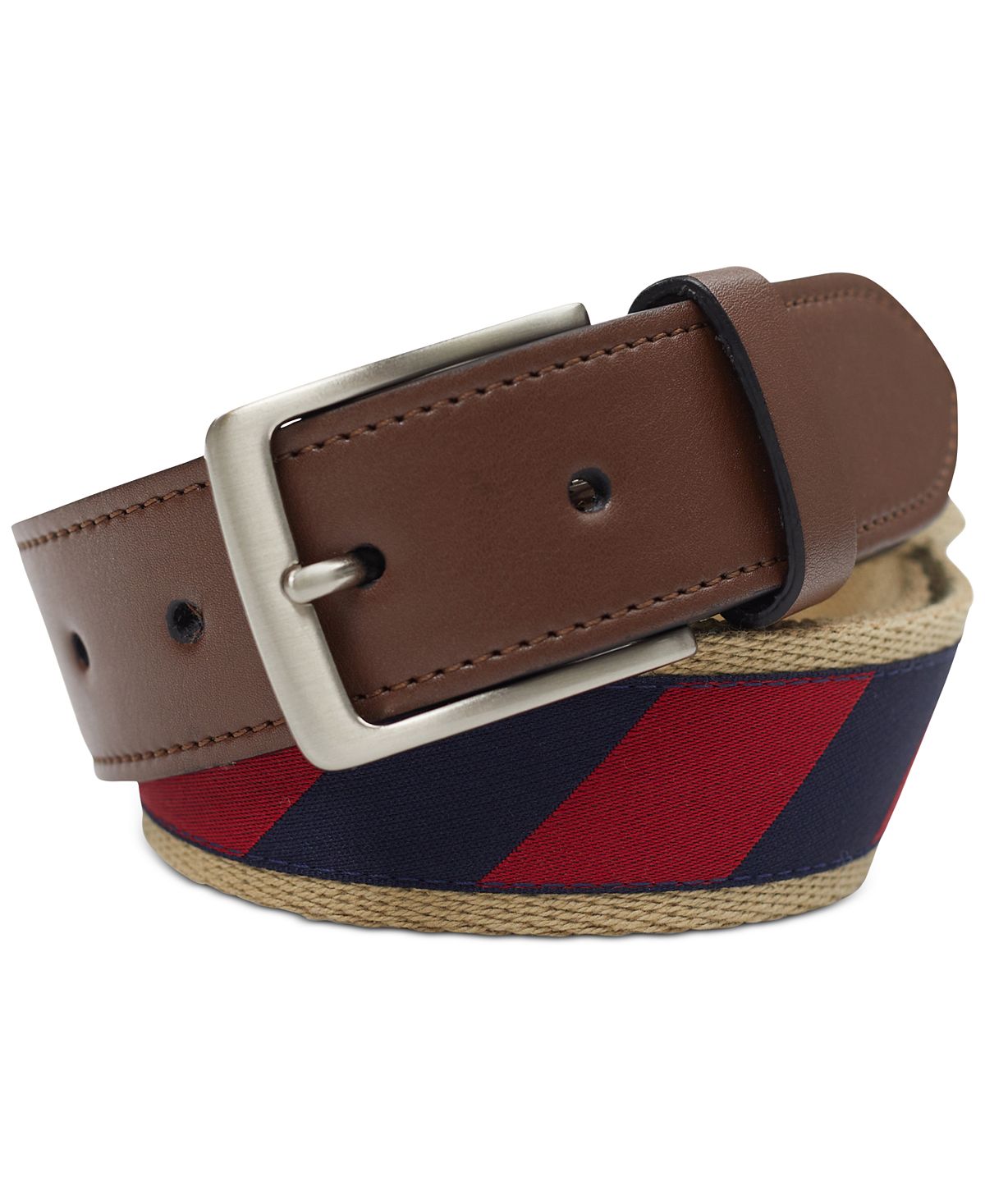 Club Room Canvas Ribbon Overlay Belt With Faux-leather Trim Navy/Red