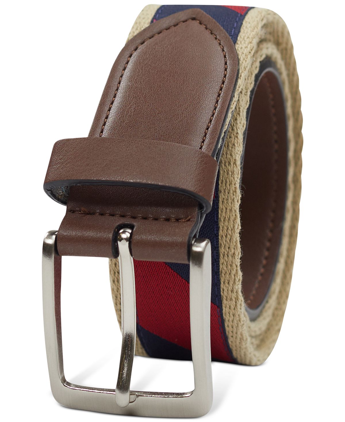 Club Room Canvas Ribbon Overlay Belt With Faux-leather Trim Navy/Red