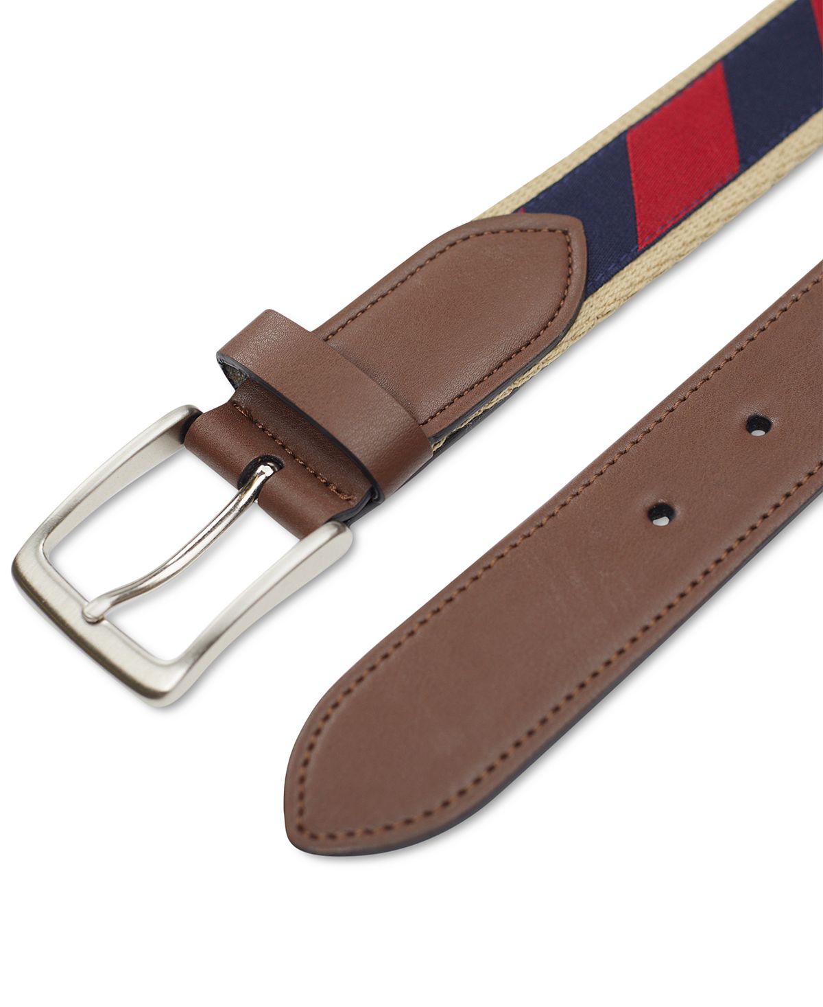 Club Room Canvas Ribbon Overlay Belt With Faux-leather Trim Navy/Red